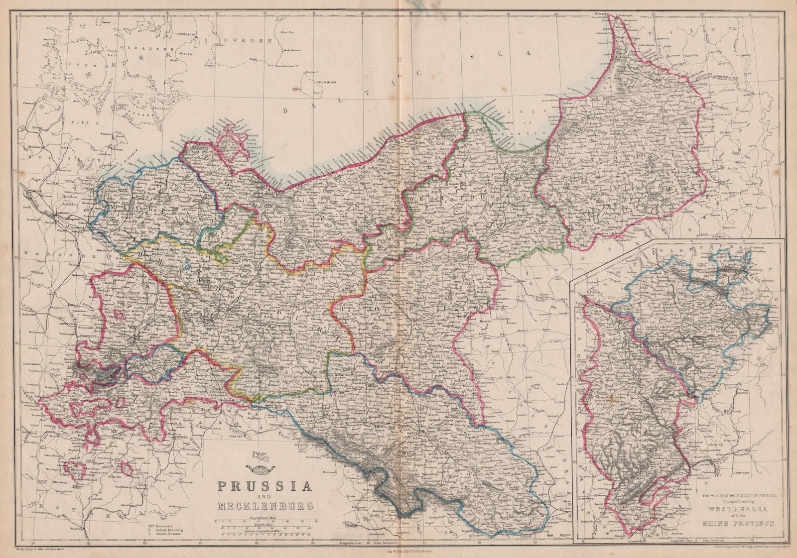 PRUSSIA & MECKLENBURG. Railways. JW LOWRY for the Dispatch atlas 1862 old map